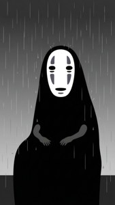 一個戴面具、身穿黑色長袍的人物站在雨中。