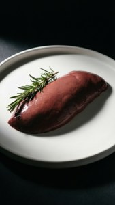 在深色背景下，白色碟上以迷迭香點綴的光澤生肝。