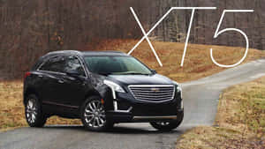 黑色凱迪拉克 XT5 SUV 在蜿蜒的道路上行駛，穿過冬季森林。 — 凱迪拉克 壁紙
