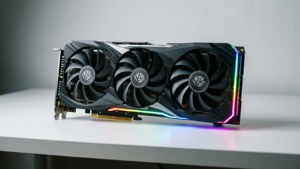白色桌子上的黑色遊戲顯示卡，帶有RGB燈光。