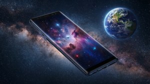 黑色智慧型手機漂浮在太空中，顯示出色彩繽紛的星雲，背景是地球。
