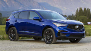 藍色Acura SUV停在森林和山脈附近的碎石上。 — Acura 壁紙