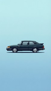 深綠色Saab 900 Turbo轎跑車漂浮在漸變藍色背景上。