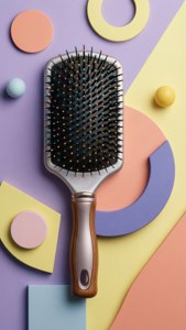 一把現代髮刷，帶有彩色刷毛，放置在粉彩幾何背景上。