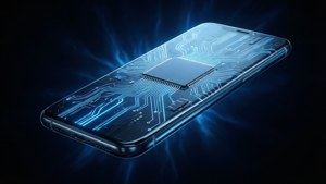 漂浮的智慧型手機揭示發光的內部電路和晶片。