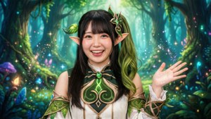 一個在魔法森林中帶有發光光芒和彩色蘑菇的愉快精靈女孩。