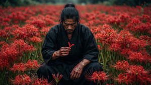 一個沾滿血跡的武士跪在紅色彼岸花中，手持一片落瓣。