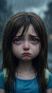 一個頭髮濕透的女孩站在雨中哭泣。