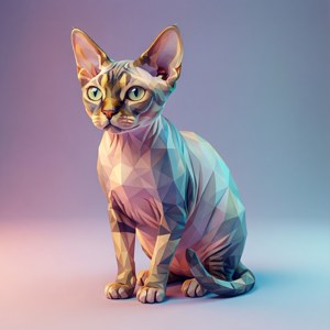 一隻幾何面斯芬克斯貓，在漸變背景上擁有發光的眼睛。 — Pixel Watch 4 壁紙