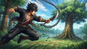 動畫戰士在森林中揮舞鏈劍，帶有運動模糊。