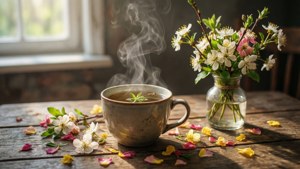 窗邊木桌上的一杯熱茶與春日鮮花。
