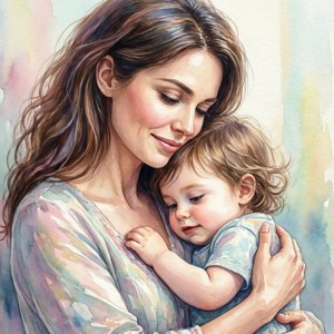 一位母親在水彩肖像中溫柔地抱著她熟睡的幼兒。