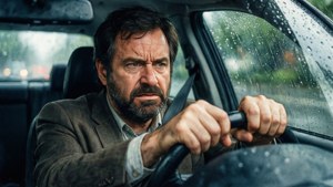 一個留鬍子的男人在暴雨中開車，表情嚴肅。