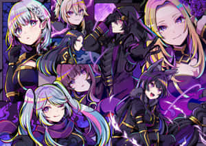 七個動畫角色穿著深色服裝，帶有紫色閃電效果。 — 美麗的動畫 壁紙