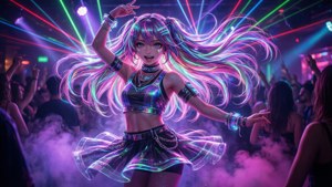 動漫女孩在霓虹燈照亮的夜店中，伴隨雷射燈光和人群跳舞。