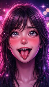 紫色頭髮的動漫女孩以快樂的表情伸出舌頭。