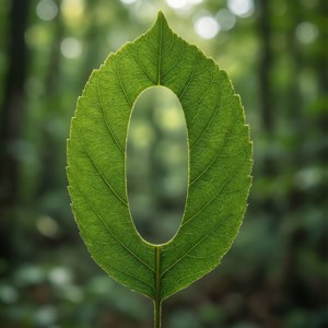 在森林環境中，一片形狀像字母O的綠色葉子。