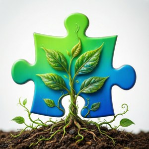 植物從大型拼圖塊內的土壤中發芽，象徵環境成長。 — Pixel Watch 3 壁紙