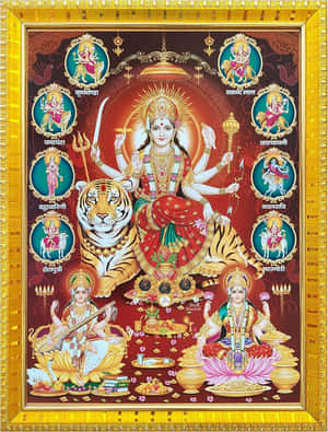 印度教女神，擁有虎王座，周圍環繞著金色畫框中的女神。 — Maa Durga 壁紙