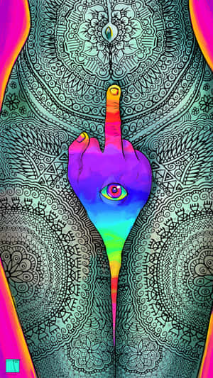 一隻色彩繽紛的手，中指上有一隻眼睛，以挑釁的姿勢舉起。 — 卡通 克利須那 壁紙