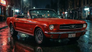 紅色經典野馬敞篷車停在夜晚濕漉漉的城市街道上，帶有霓虹燈反射。