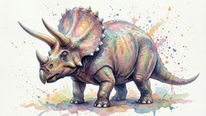 一幅帶有顏料潑濺的彩色水彩三角龍畫作。