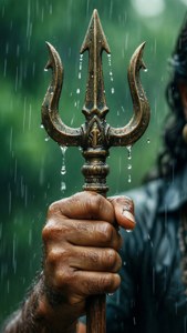 一隻手在雨中握著濕漉漉的青銅三叉戟。
