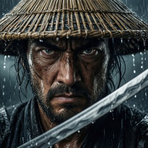 一個濕透的武士戰士戴著草帽，在雨中手持劍，目光銳利地凝視。