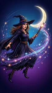 一位女巫在星夜中飛翔，手持發光法杖。