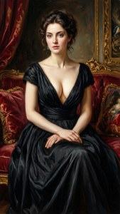 一位身穿黑色禮服的女士，坐在鍍金房間的紅色天鵝絨沙發上。