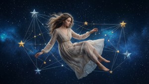 一位身穿飄逸長裙的女子在宇宙夜空中漂浮在閃爍星星之間。