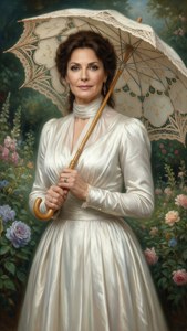 優雅的女士身穿白色緞面禮服，在玫瑰花園中手持蕾絲陽傘。