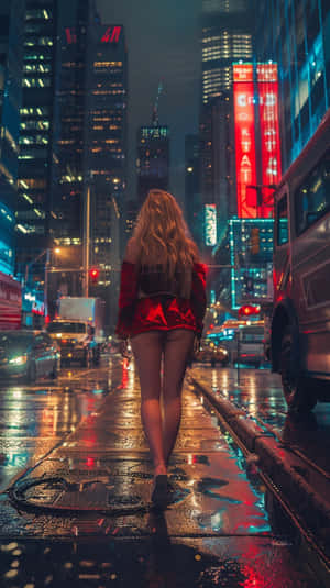 身穿紅衣的女子在夜晚的濕滑城市街道上於霓虹燈下走遠。 — 城市燈光 壁紙
