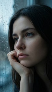 女性托著下巴，帶著沉思的表情望著被雨水打濕的窗外。