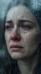 一個女人在雨水斑駁的窗後哭泣，帶著悲傷的表情。