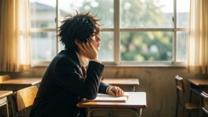 穿著校服的動畫男孩坐在教室書桌前望著窗外。
