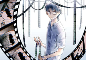 戴眼鏡的動漫男孩拿著底片，被漂浮的電影膠卷包圍。 — 卡通頻道角色 壁紙
