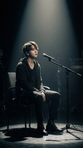 一位音樂家獨自坐在舞台上的聚光燈下，靠近麥克風。