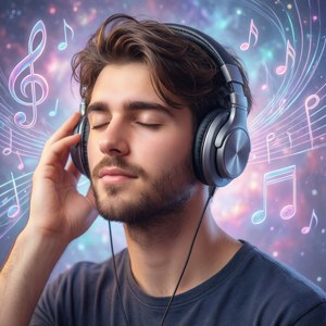 男子在宇宙環境中聆聽音樂，伴隨著發光的音符。
