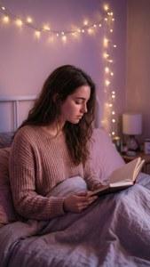 年輕女性在舒適的臥室裡用串燈閱讀書籍。