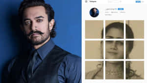 Aamir Khan 身穿深色背心和領帶，旁邊是他的 Instagram 個人資料，帶有復古照片。 — 沙希德·卡普爾 壁紙
