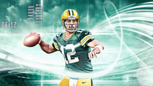 美式足球四分衛 Aaron Rodgers 身穿綠灣包裝工隊球衣傳球。