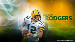 橄欖球運動員 Aaron Rodgers 身穿綠灣包裝工隊制服，在宇宙星雲背景前手持橄欖球。 — 亞倫·羅傑斯 壁紙