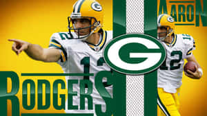 Aaron Rodgers 身穿綠灣包裝工隊制服，指著並拿著一個橄欖球。 — 16:9 壁紙