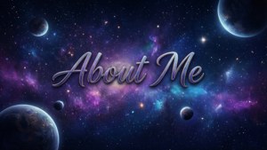 色彩繽紛的銀河系中帶有行星和星星的About Me文字