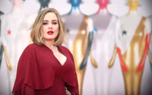 Adele 身穿紅色長袍在頒獎活動中擺姿勢，背景有雕像。 — 愛黛兒 壁紙