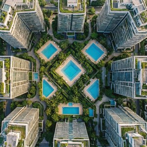 豪華城市開發中高層建築與泳池和棕櫚樹的俯視圖。