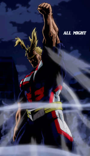 英雄 All Might 在黑暗的天空下以強勢姿態舉起拳頭。 — Infinix Xpad 20 Pro 壁紙