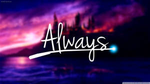 在紫色日落上發光的白色文字「Always」，城堡剪影和藍色球體。 — 哈利波特 壁紙