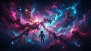 一名孤獨的太空人在充滿星辰的多彩宇宙星雲中漂流。